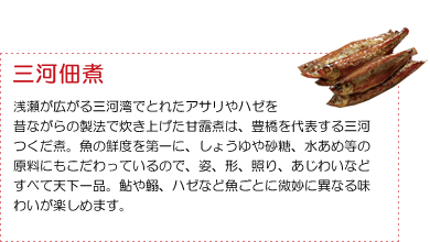 ＜三河佃煮＞浅瀬が広がる三河湾でとれたアサリやハゼを
昔ながらの製法で炊き上げた甘露煮は、豊橋を代表する三河つくだ煮。魚の鮮度を第一に、しょうゆや砂糖、水あめ等の原料にもこだわっているので、姿、形、照り、あじわいなどすべて天下一品。鮎や鰯、ハゼなど魚ごとに微妙に異なる味わいが楽しめます。