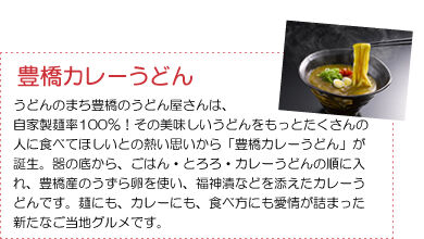 ＜カレーうどん＞うどんのまち豊橋のうどん屋さんは、
自家製麺率100％！その美味しいうどんをもっとたくさんの人に食べてほしいとの熱い思いから「豊橋カレーうどん」が誕生。器の底から、ごはん・とろろ・カレーうどんの順に入れ、豊橋産のうずら卵を使い、福神漬などを添えたカレーうどんです。麺にも、カレーにも、食べ方にも愛情が詰まった新たなご当地グルメです。